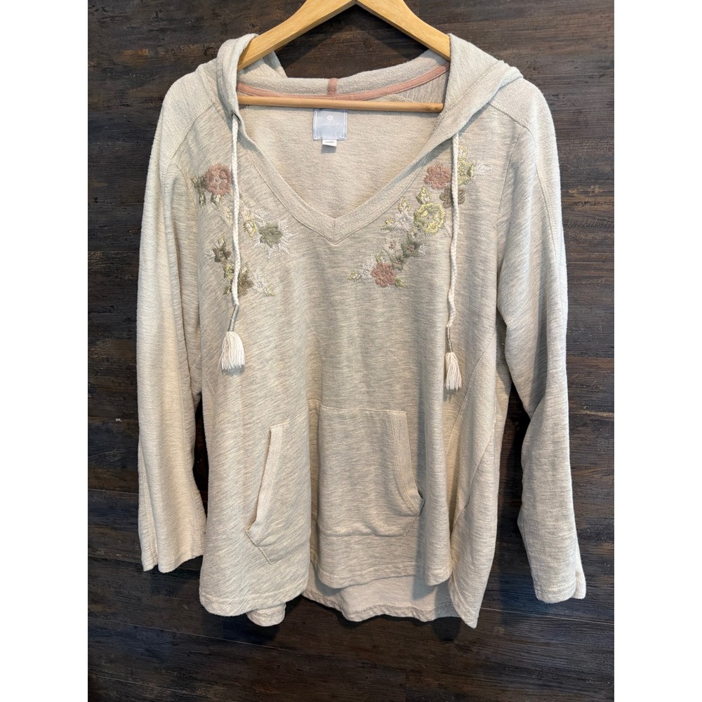 Sunday Woman Floral Embroidered Hoodie Oatmeal Heather V-Neck Tassel 2X